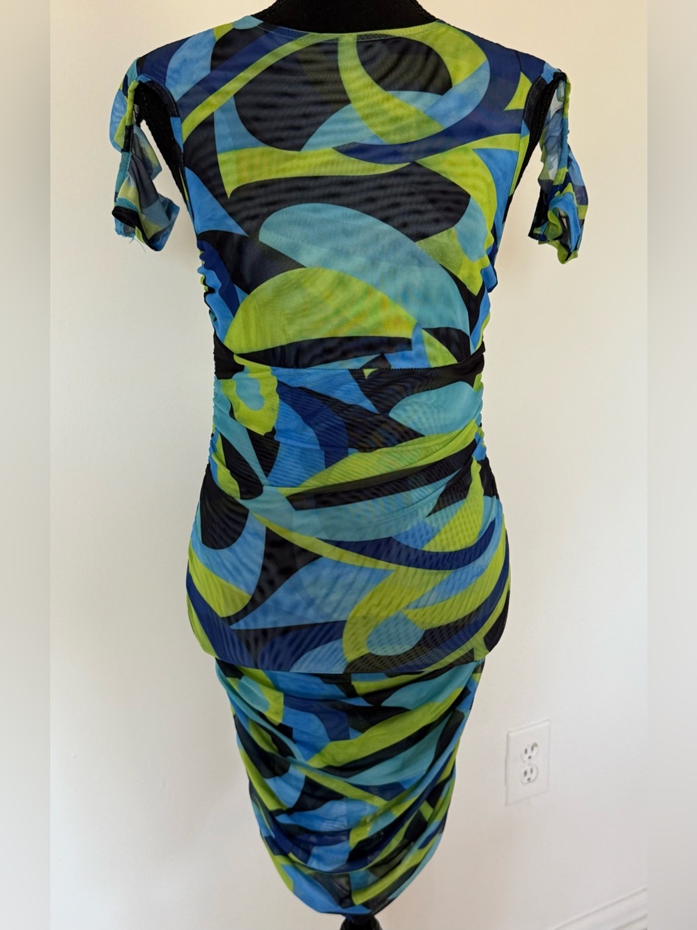 Blue Green Abstract Print Ruched Bodycon Dress size M zipper mini short dress .